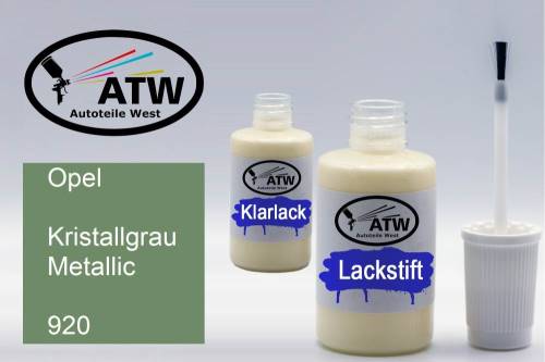 Opel, Kristallgrau Metallic, 920: 20ml Lackstift + 20ml Klarlack - Set, von ATW Autoteile West.